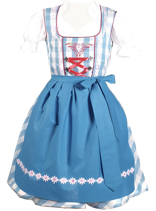 3tlg. Kinder Dirndl Kinder 138 - Gr. 104, türkis weis kariert